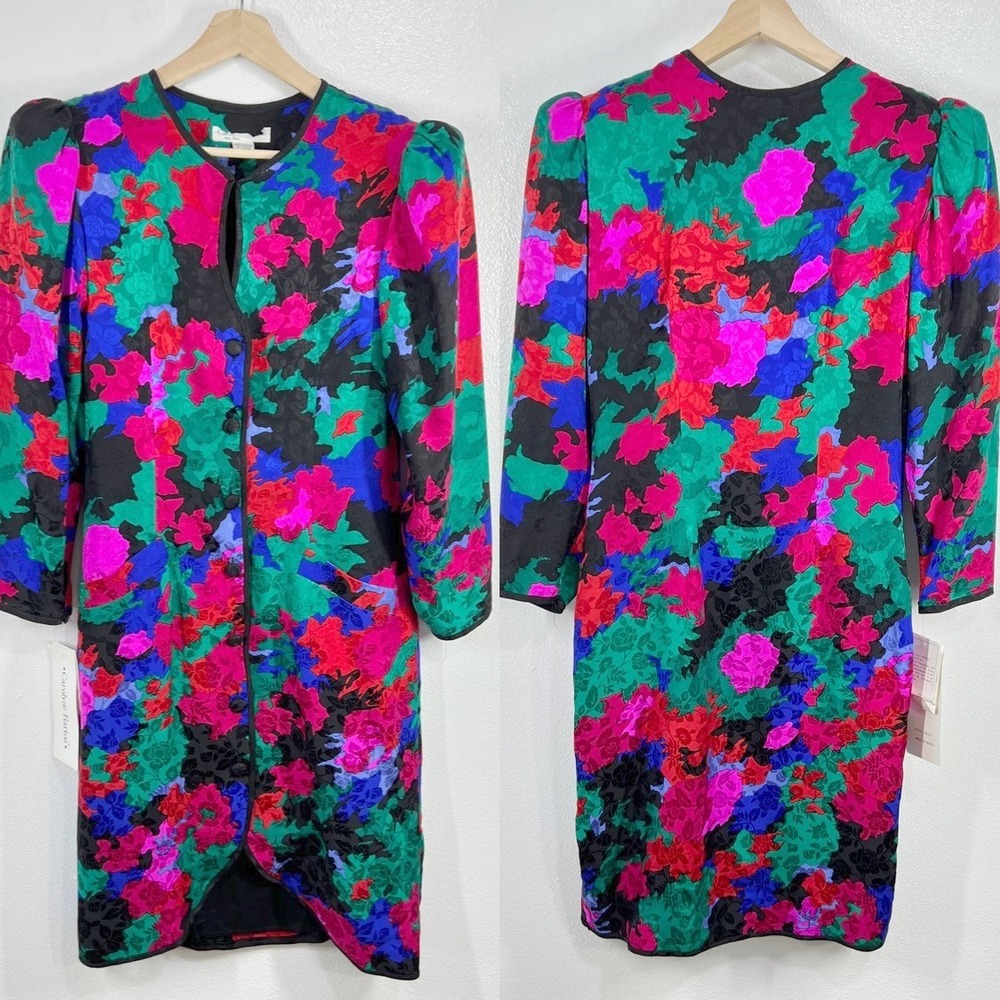 Vtg.‎ 90s Carolyne Barton Floral 100% Silk Dress Long Sleeve Party Cocktail 10